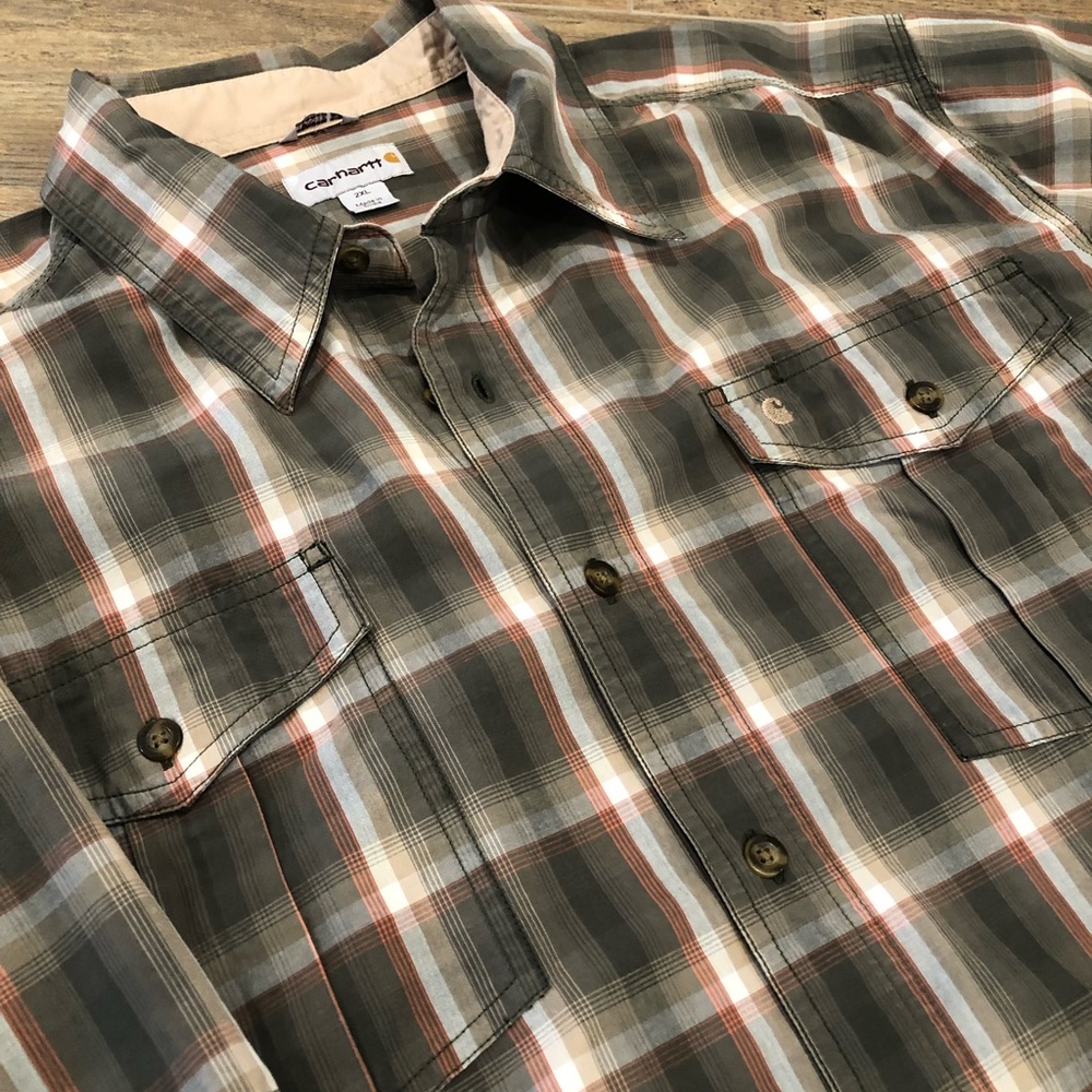 Carhartt 2XL Plaid Short Sleeved Button Down Shirt Green Orange Khaki Cream